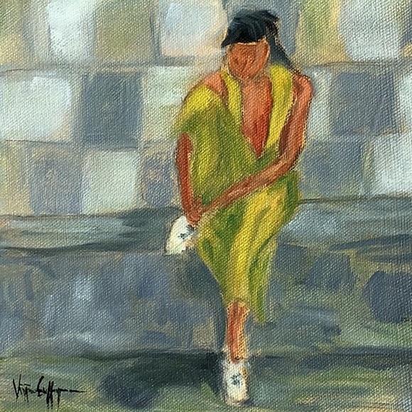 Abstract Painting with Woman in Green and Yellow Original Oil on Canvas - Picture 1 of 3